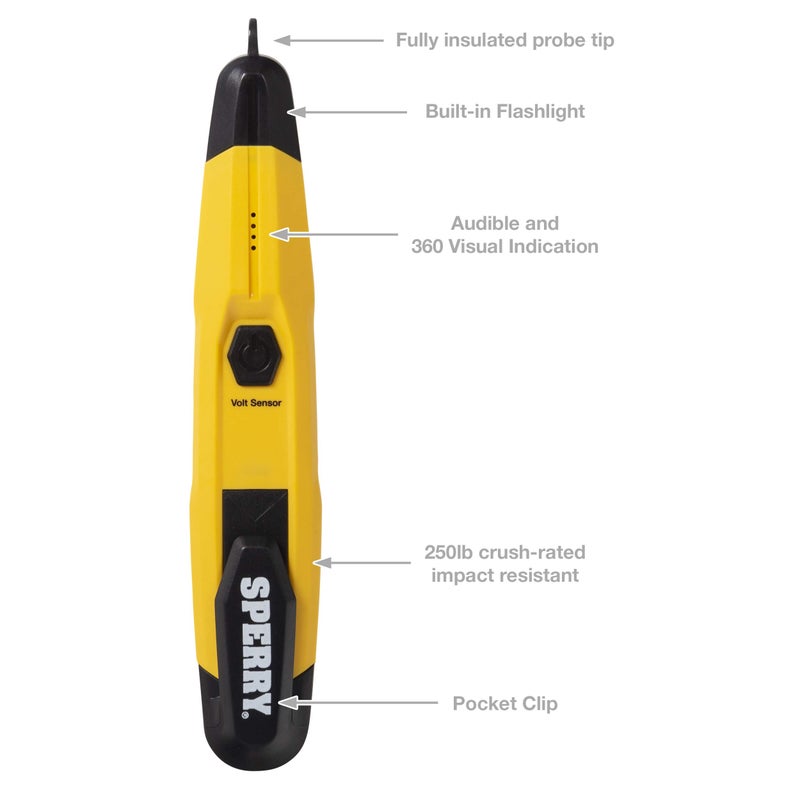 Sperry Instruments VD6508 Detector with Flashlight,cETLus Listed Lifetime, Warranty, 1, 5 Clams/Master Non-Contact Voltage Tester, Yellow - Image 2